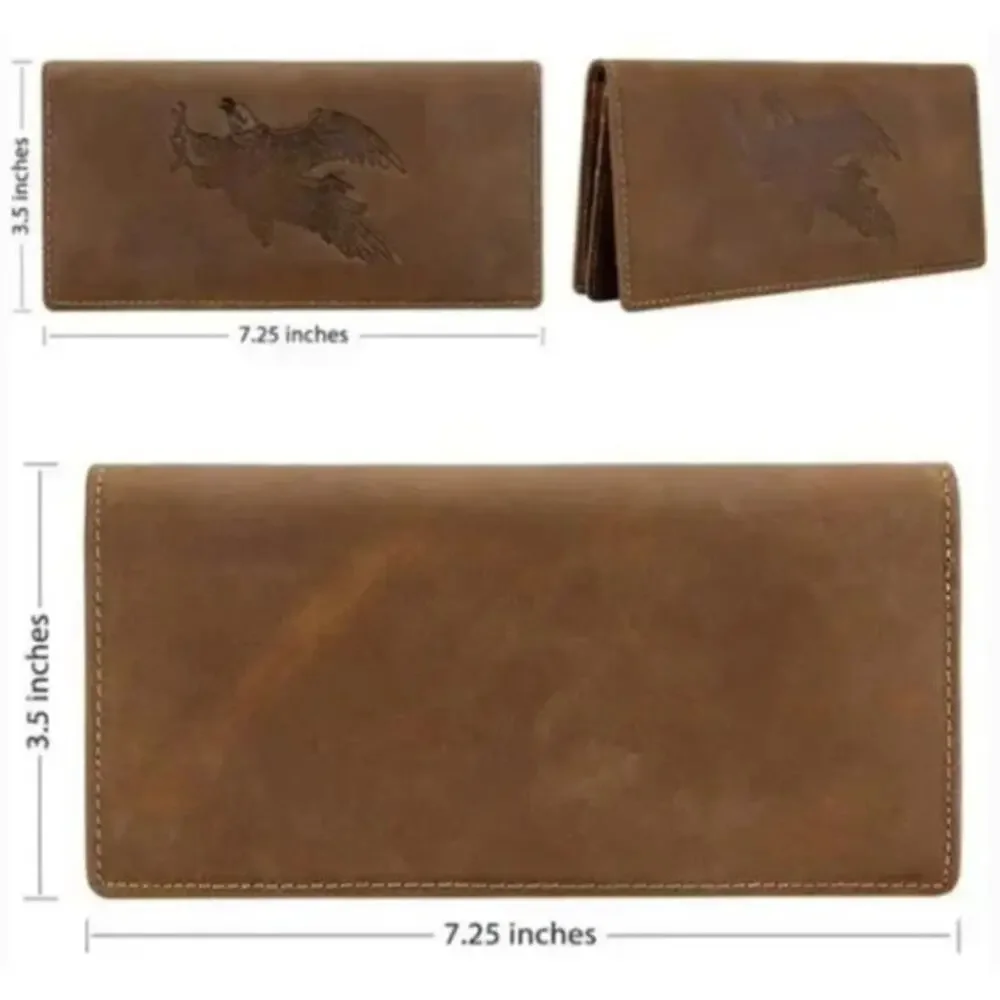 Vintage Brown Leather Long Wallet with Eagle Embossed Design RFID Bifold